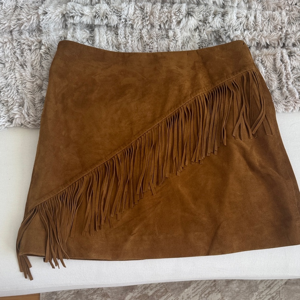 Veronica Beard Cognac Suede Fringe Mini Skirt